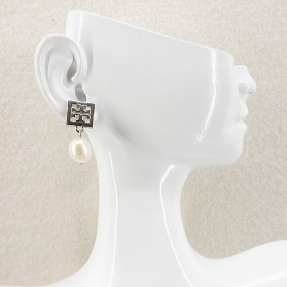 Tory Burch Square Logo Pearl Drop Earrings Silver OS - Picture 12 of 12